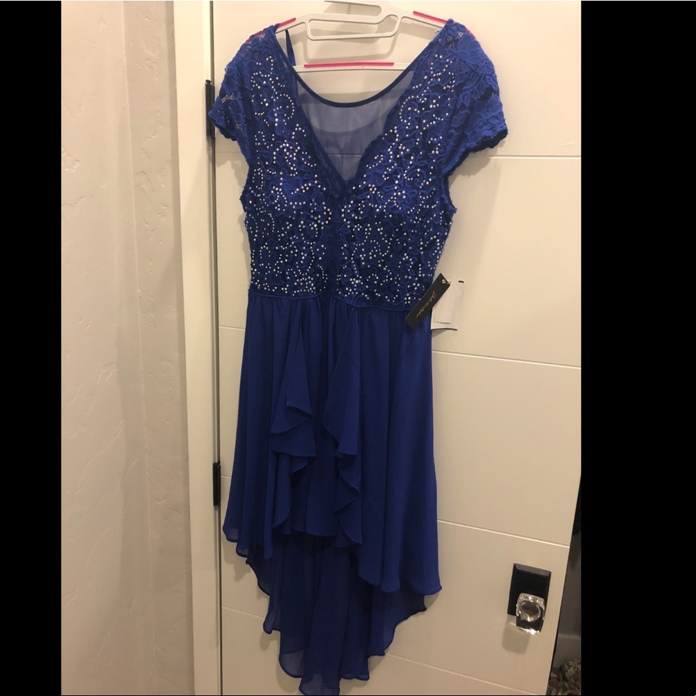 Jodi Kristopher dark blue high-low dress